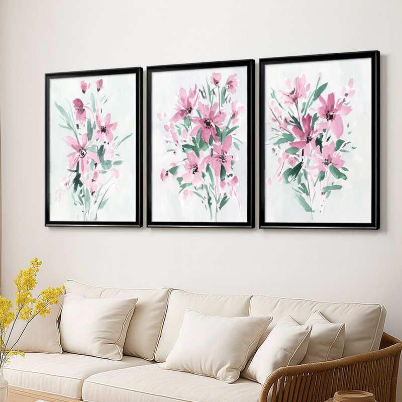 Posy Blooms II - Toile tendue avec châssis sur mesure - 3 pièces, H 21 po x l 30 po, Noir