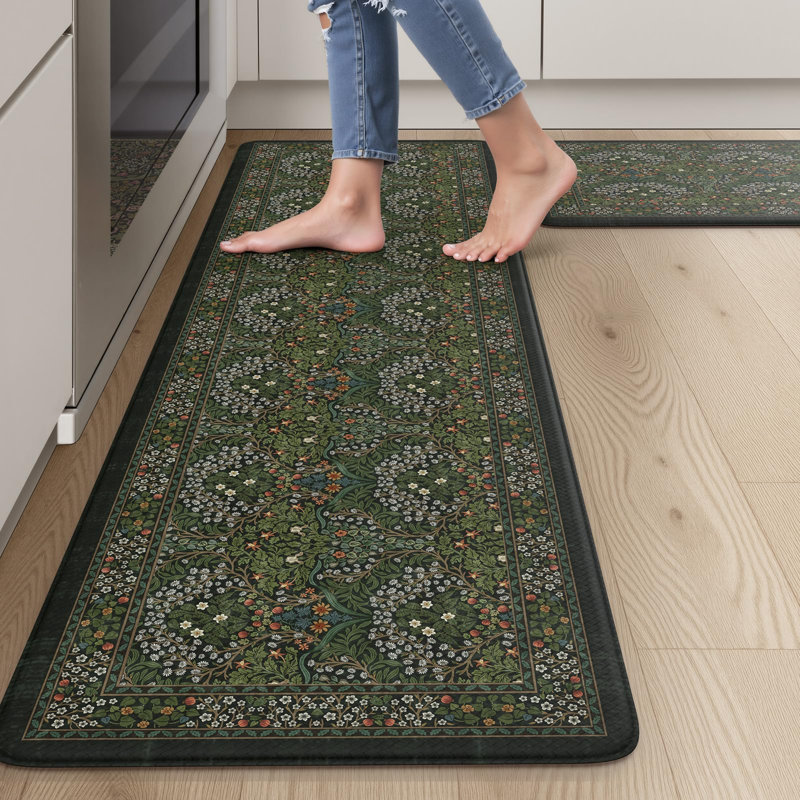 Ensemble de 2 tapis de cuisine anti-fatigue à motif floral botanique vintage, antidérapants et rembourrés., Vert forêt