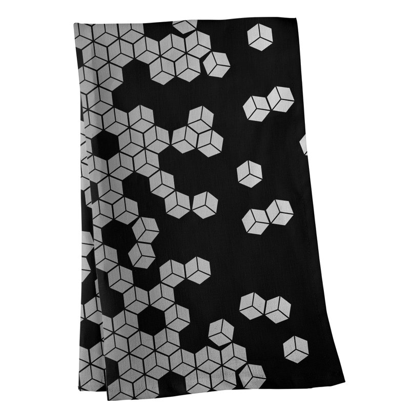 Serviette de thé à motif cube culbuté, Sergé de coton, Gris / Noir