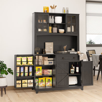 67" Large Kitchen Pantry With Microwave Shelf Snack Storage Cabinet, Wine Cabinet, Adjustable Internal Shelf