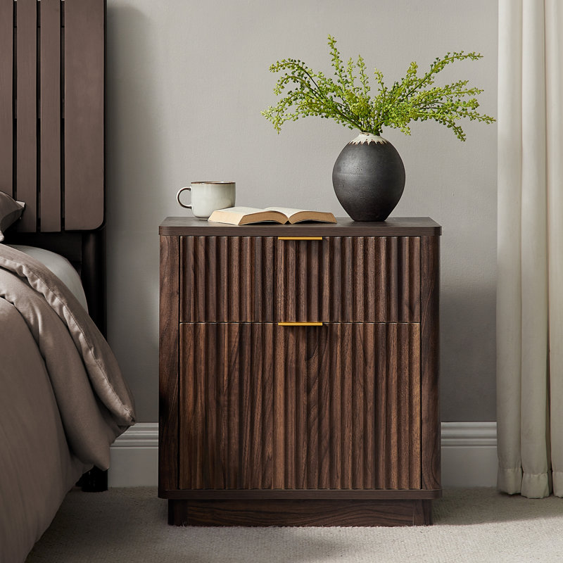 23'' Fluted Nightstand With Mid-Century Modern, Dark Walnut