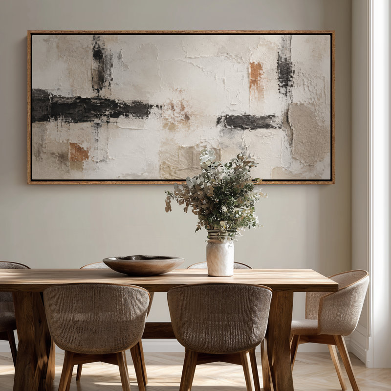 Toile encadrée extra large, composition abstraite neutre noire et beige, art mural, H 30 po x l 60 po, Natural