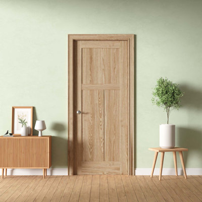 Interior Door Slab Only (Not Prehung), 3-Panel Shaker Design, Engineered Oak Veneer Primed, Solid Core, Available Pre-Drilled (Left or Right Door Handing) for Swing Doors or Non Pre-Drilled (Reversible Door Handing) for Sliding, Swing, or Pocket Use