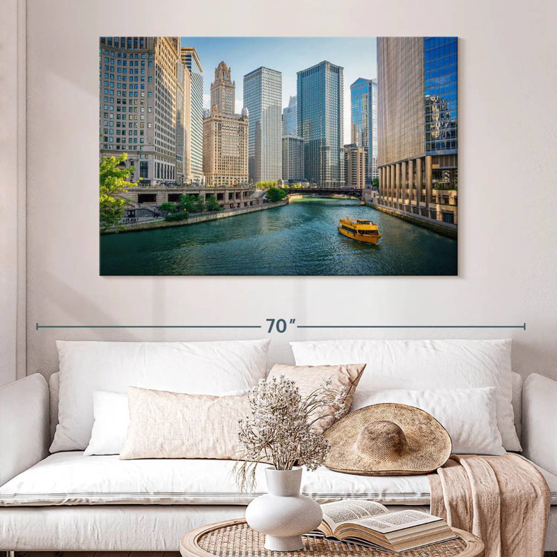 Bateau sur la rivière Sireci, Chicago, H 34 po x l 51 po
