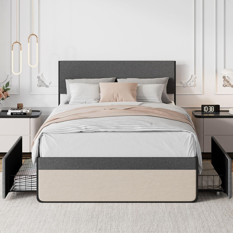 Ebern Designs Queen Size Bed Frame with Headboard and 2 Storage Drawers ...