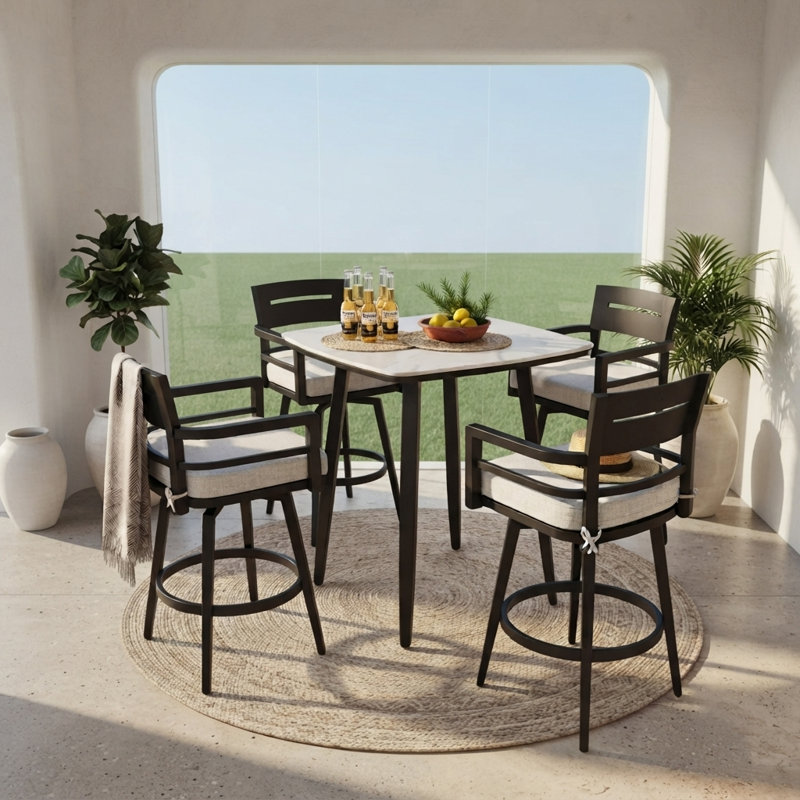 Ensemble de bar d'extérieur moderne 5 pièces avec table en pierre frittée de 35,4 po et 4 tabourets pivotants, ensemble de salle à manger en aluminium résistant aux intempéries à hauteur de bar avec coussins Sunbrella