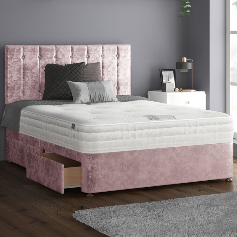 Fain Upholstered Divan Bed, Single (3'), Pink, 2 Left Drawers