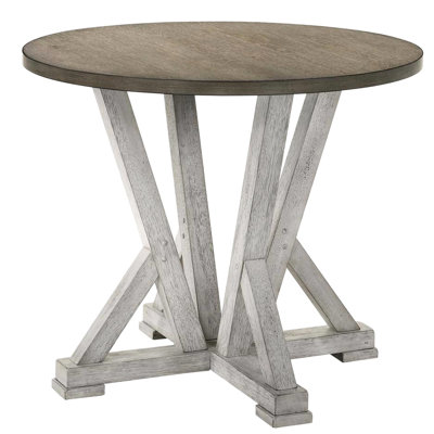 Table à hauteur de comptoir deux tons rustique, blanc antique / brun cendré, bois massif et placage de chêne noueux, 4 places, base piédestal avec repose-pieds brun, 4 sièges, pieds
