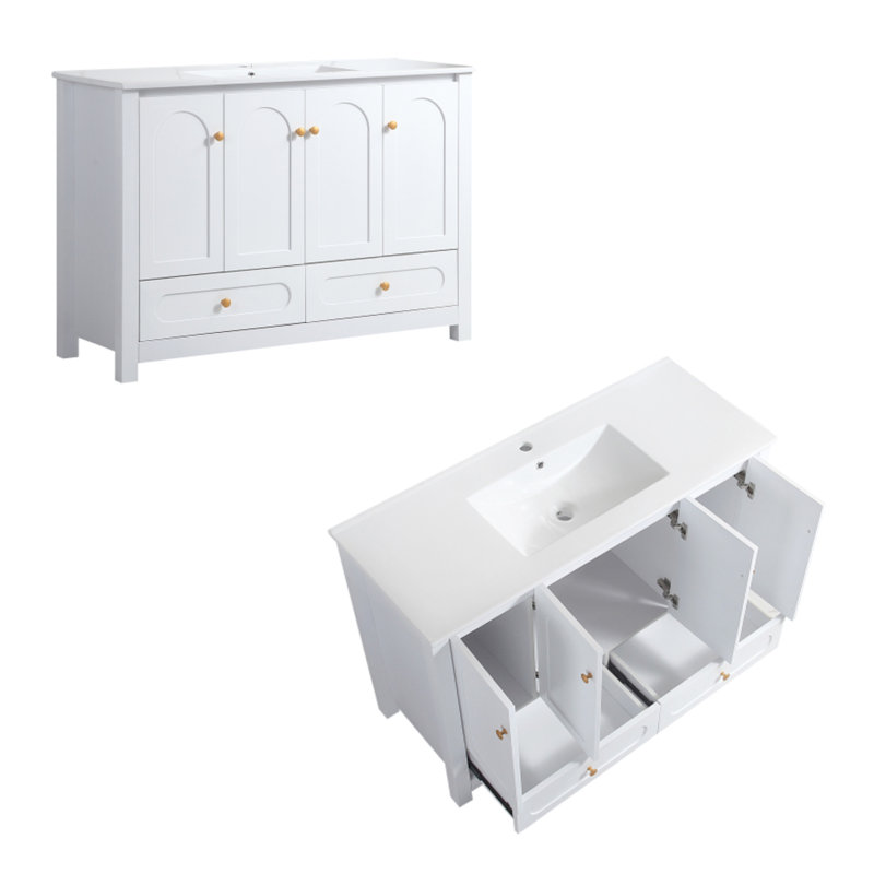 Ensemble de meuble-lavabo autoportant 48 pouces avec lavabo en céramique blanche, Blanc