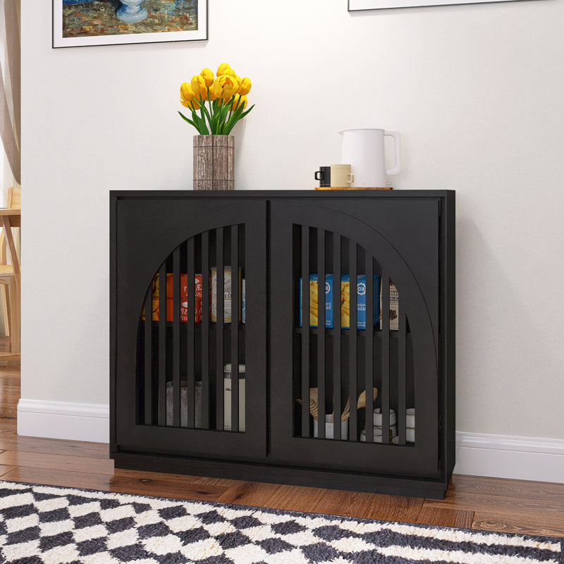 Buffet Mid-Century moderne cannelé avec 2 trous de sortie, armoire avec rangement, noir, Noir