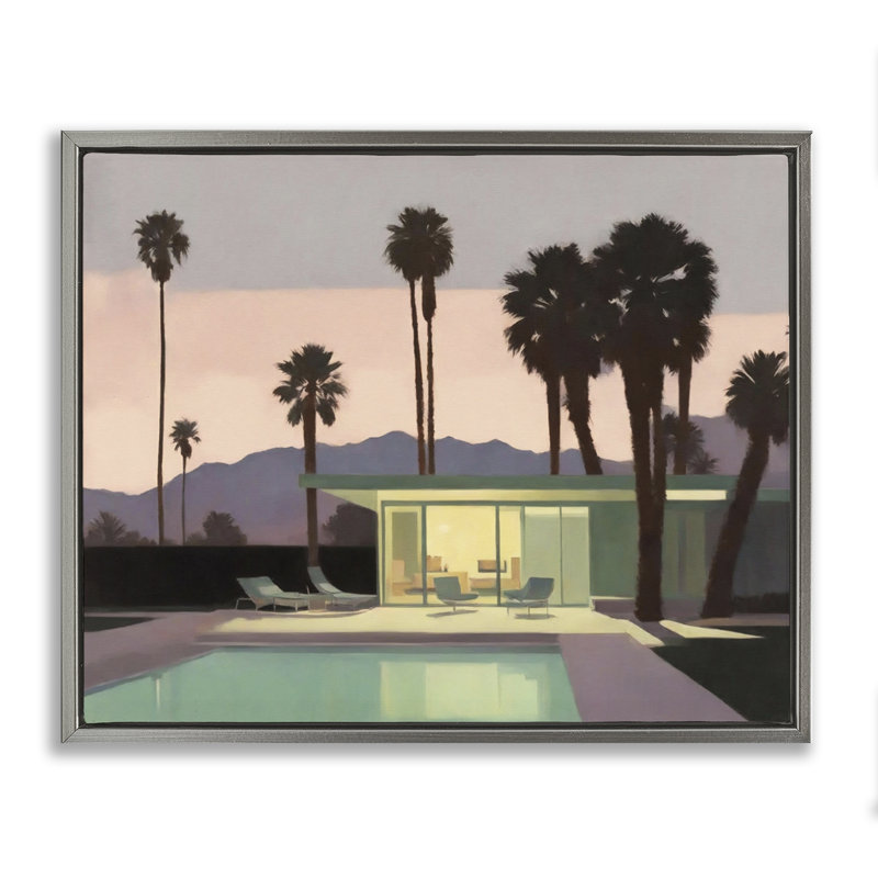 "Pool entourée de palmiers", art mural sur toile flottante par Noah Bay, H 25 po x l 31 po, Cadre flottant gris lustré