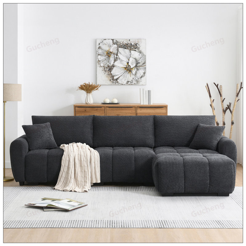 Canapé modulaire de 110 po en forme de L, siège très grand, conception à tirette, repose-pieds mobile, mousse haute densité et structure en métal et en bois robuste