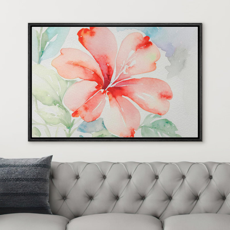 «Watercolor Hibiscus Flower», art floral moderne et grand format sur toile, Cadre flottant noir, H 24 po x l 36 po