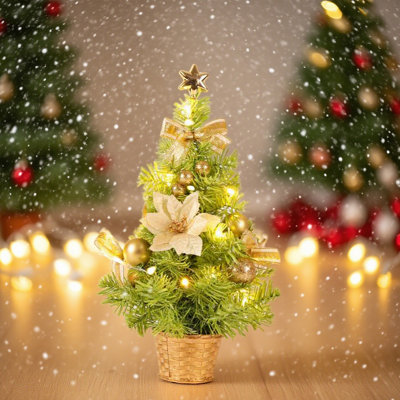 18 Inch Mini Christmas Trees Table Top Christmas Tree For Office In Basket Base Snowy Red Bows Berries Christmas Decorations Miniature Christmas Tree Tabletop Desk Home Decor