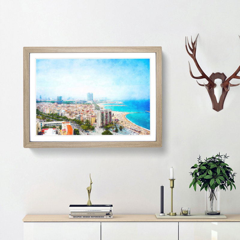The Barcelona Skyline in Spain - Picture Frame Painting Print, Oak Framed, 33cm H x 45cm W x 2cm D