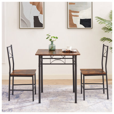 Retro Brown 3-Piece Dining Set with Metal Frame and Wood-Top Table