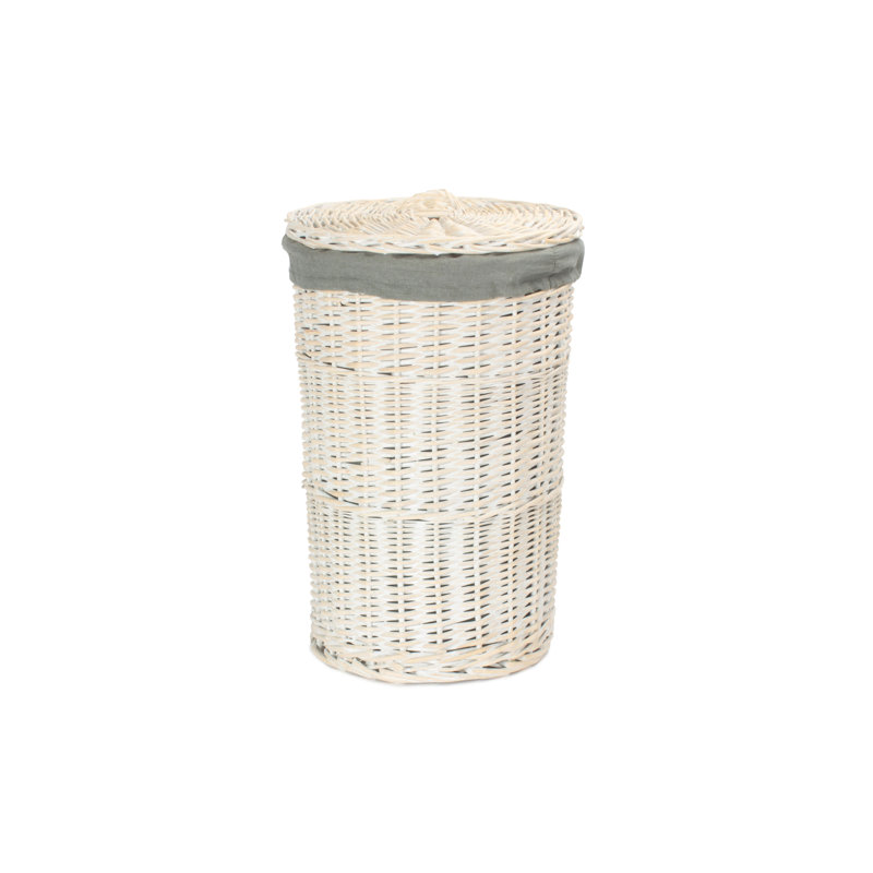 Wicker Round Laundry Hamper Basket with Lining, 60cm H x 46cm W x 46cm D, White Wash/Grey