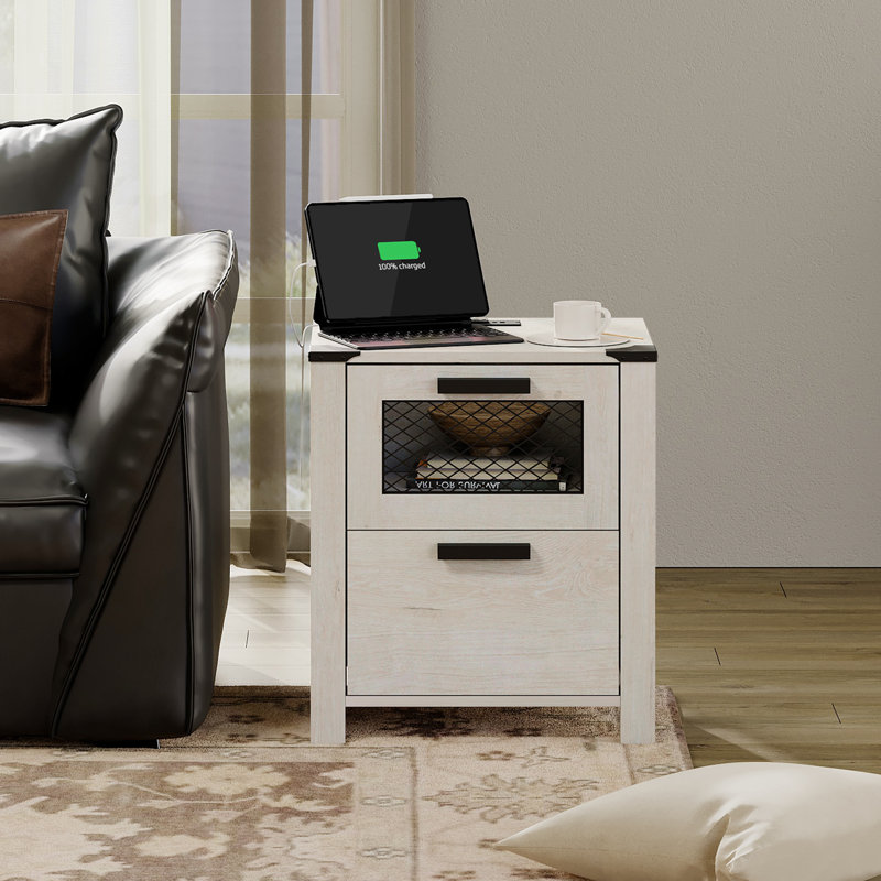 Vita 2 - Drawer End Table and Built-In Outlets, Antique White Top/Antique White Base