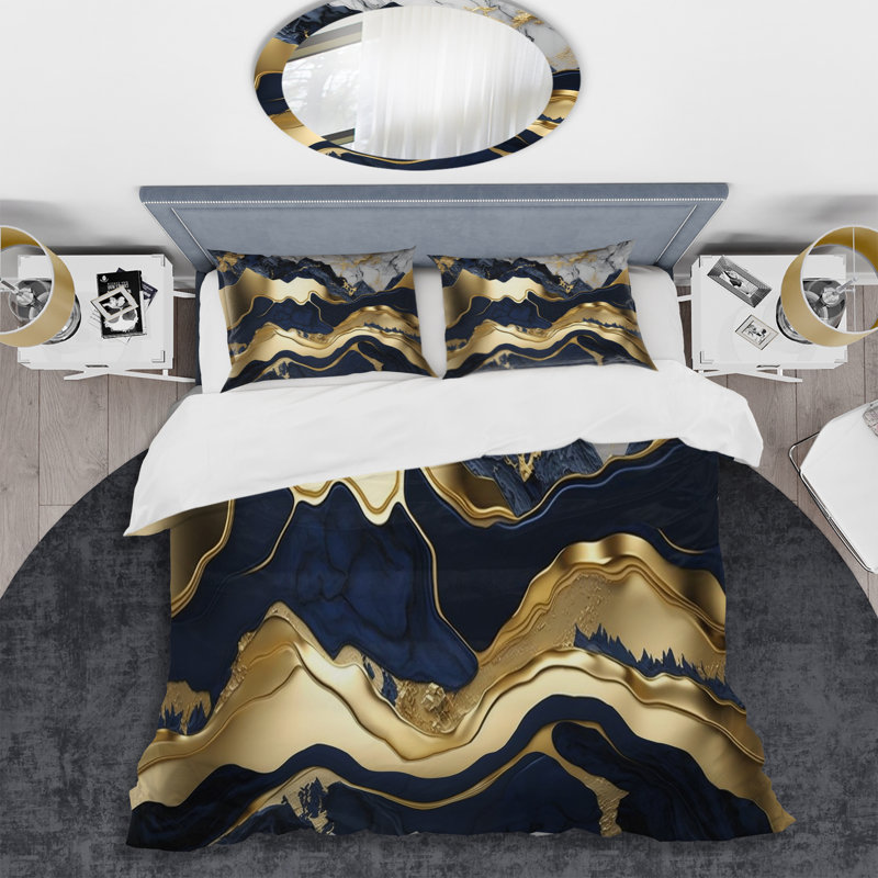 Ensemble de housse de couette en microfibre / polyester bleu et or hypnotisant Marble Abstraction I