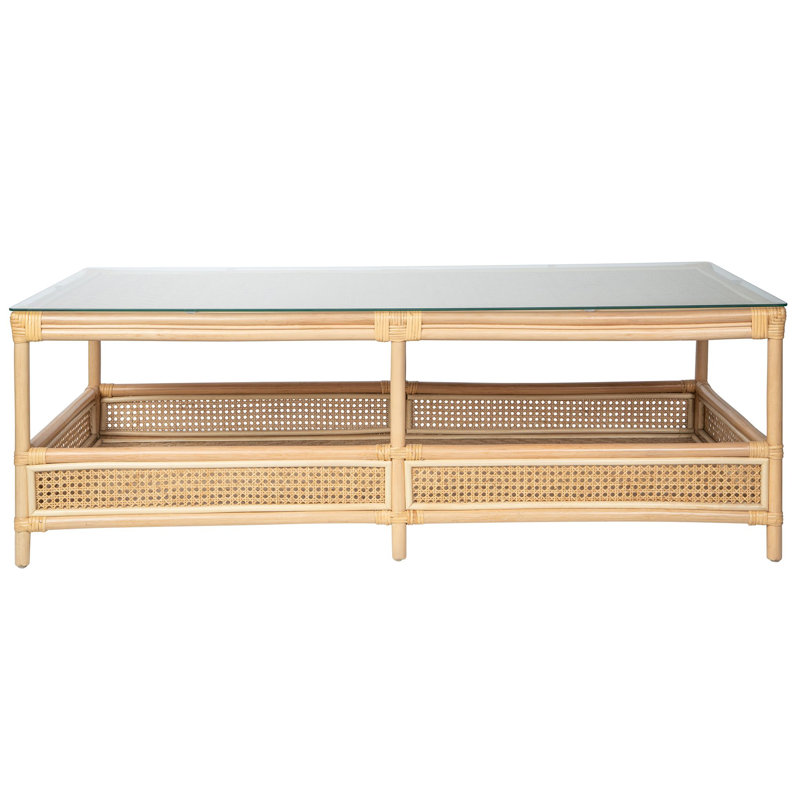Latitude Rattan Cane 2-Tier Open Shelf Rectangular Coffee Table with Glass Top