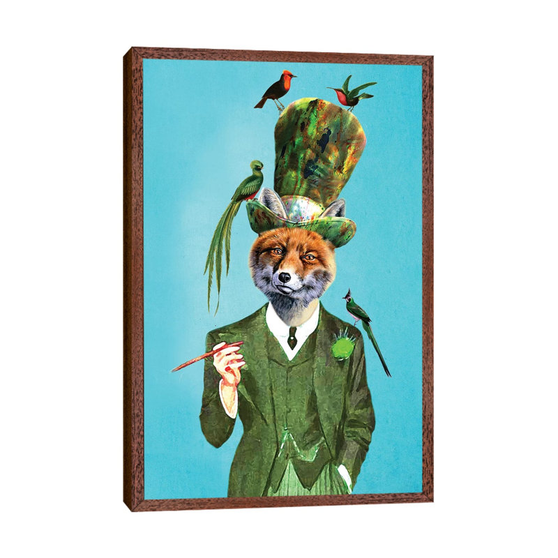Fox With Hat And Birds by Coco De Paris - Floater Frame Print on Canvas, Classic Brown Wood Framed Canvas