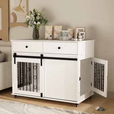 Modern 38.2'' White Dog Crate With Double Drawers, Sliding Barn Door And Lockable Wheels, Ideal As End Table For Small To Medium Dogs Home Decor Black Metal Bars, Suitable Organization