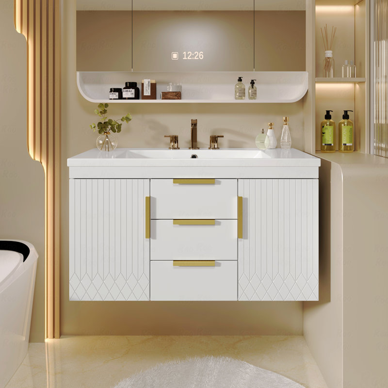 Armoire de salle de bain murale flottante avec 2 tiroirs, armoire de salle de bain murale en bois massif, Blanc