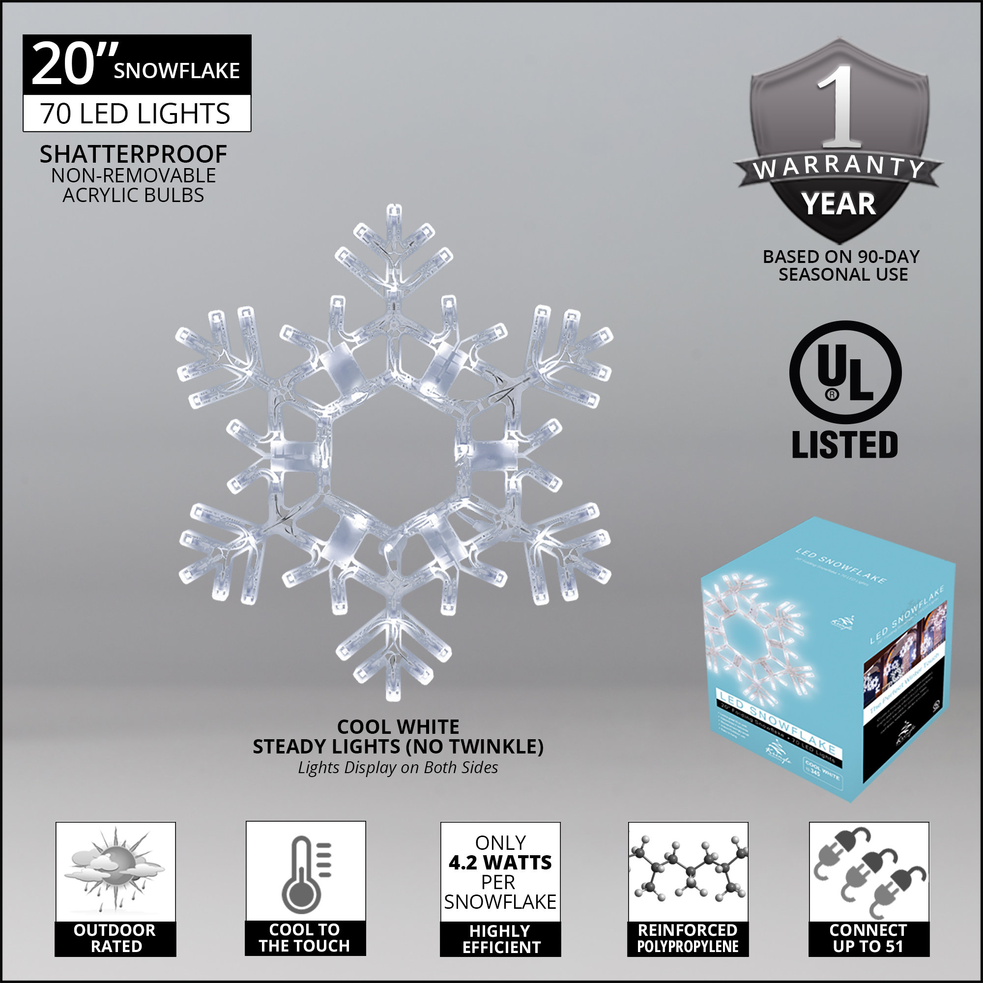 LED Folding Snowflake, 20" H, Cool White