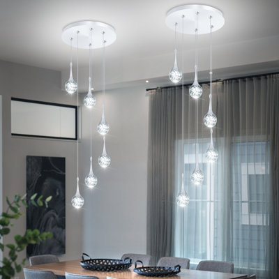 6-Light Silver Crystal Chandelier Dimmable LED Adjustable Height Pendant Light