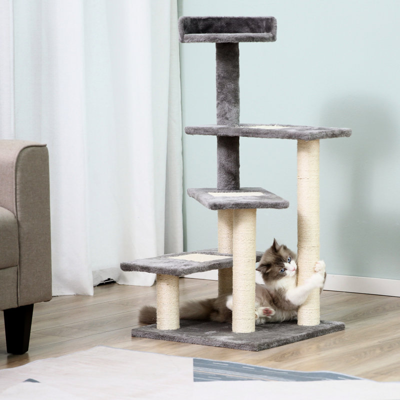 Arbre à chat gris de 40 po avec escalier tournant à 5 niveaux, centre de jeu et perchoir de repos confortable