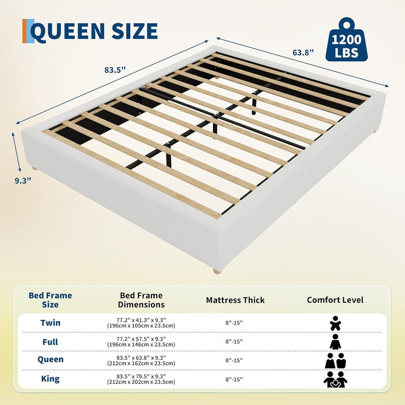 Cloud Bed Frame, Teddy/Corduroy Upholstered Low Platform Bed with Solid Wood Legs, No Box Spring Required, White, Queen