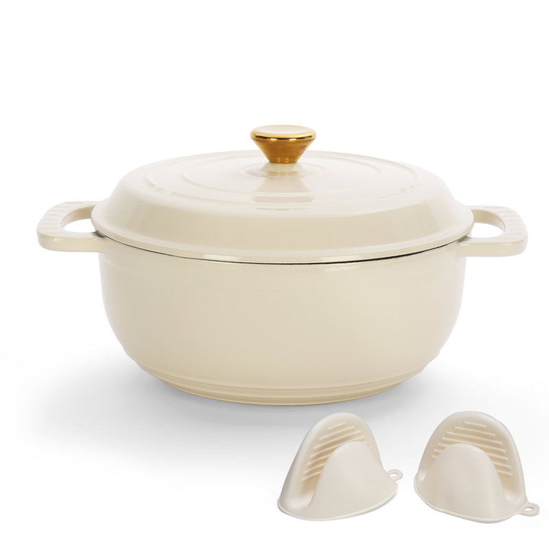 5 pintes Faitout rond en fonte en blanc avec couvercle, Blanc, 5 pte