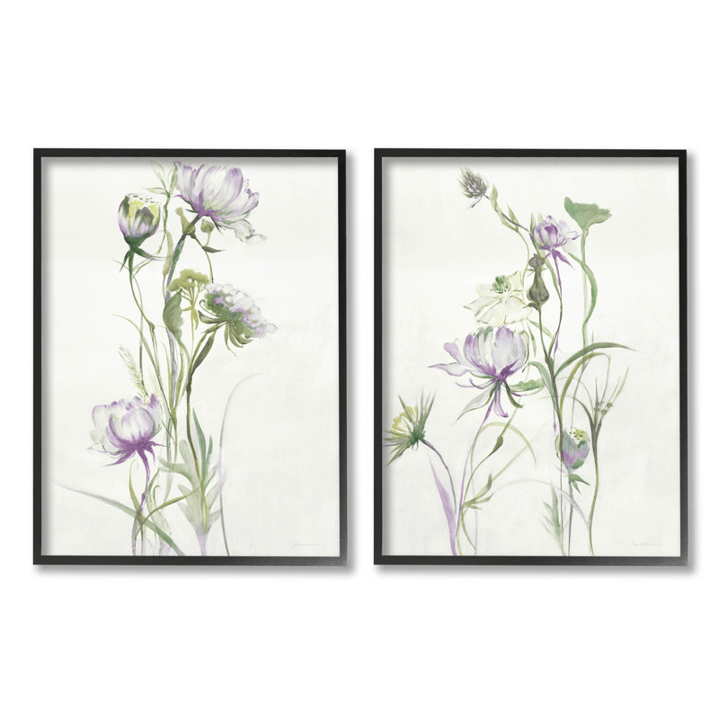 «Traditional Flower Stem Blossoms» par Liz Jardine - ensemble de 2 impressions sur bois, H 14 po x l 22 po x P 1,5 po, Noir