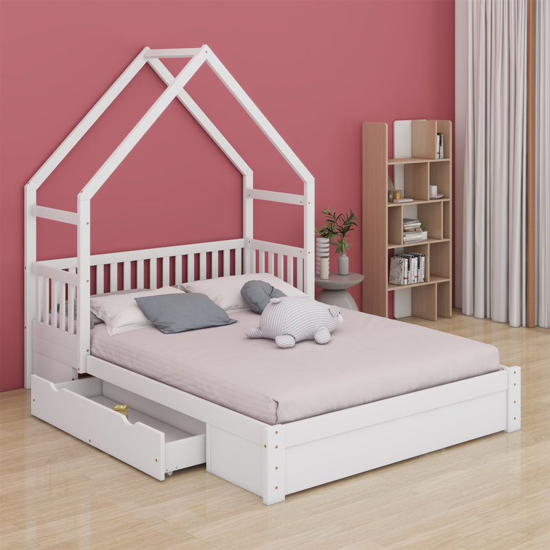 Queen Size House Bed For Kids, Floor Low Platform Bed With 2 Storage Drawers, Wood Bed Frame With Guardrails And Roof, White