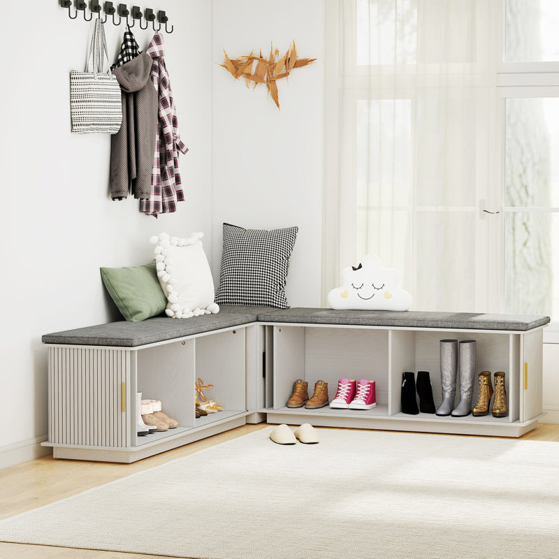 L-shape Storage Bench With Sliding Door, Corner Storage Bench, Fluted Breakfast Nook Bench For Dining Room, Kitchen, White