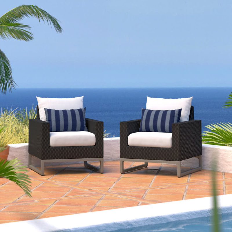 2Pc Sunbrella Outdoor Club Chairs - Grey, Brown, White/Stripped