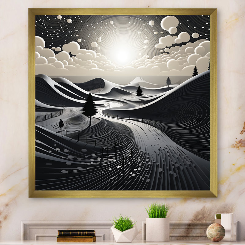«White and Black Abstract Line Mountain Landscape I - Fruits», art mural, Cadre doré simple, H 16 po x l 16 po x P 1 po