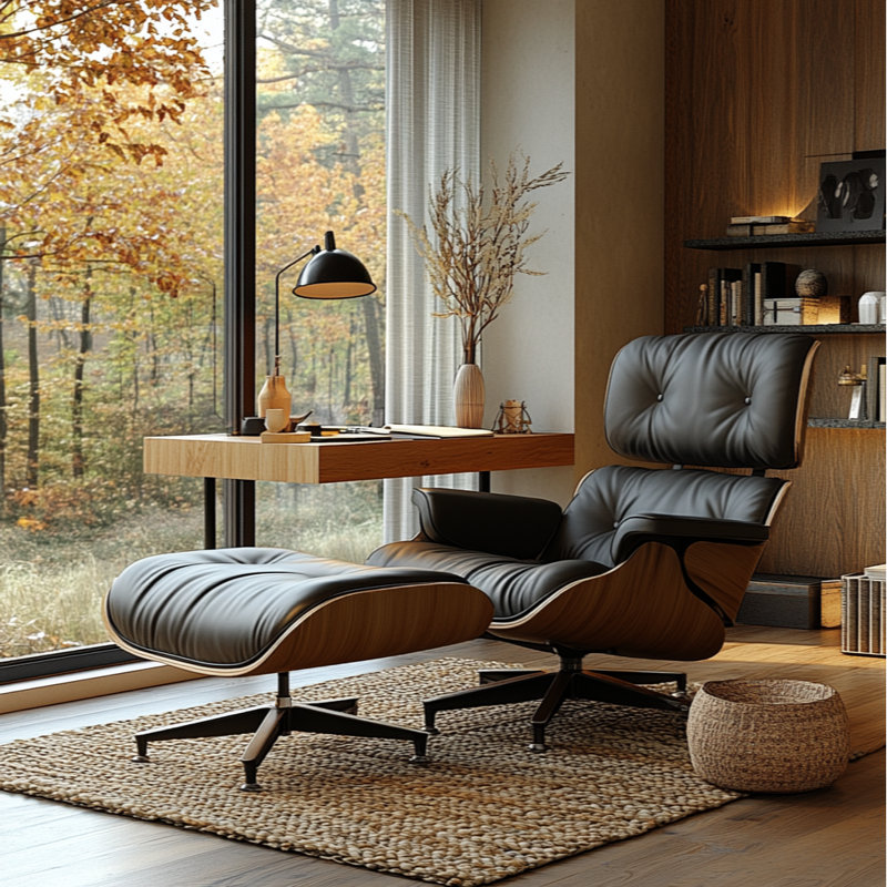 Real Leather lounge chair with Solid Wood, Dark Wood Black Genuine Leather