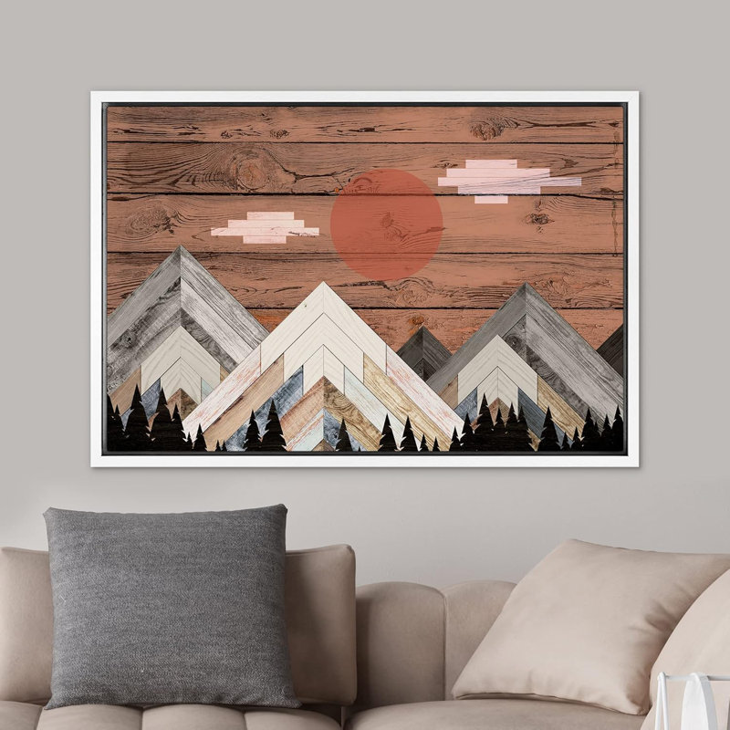 Western Sun & Clouds Snowy Winter Mountains Nature Artwork Wood Effect Panels Art Rustic Landscape, reproduction d'art sur toile