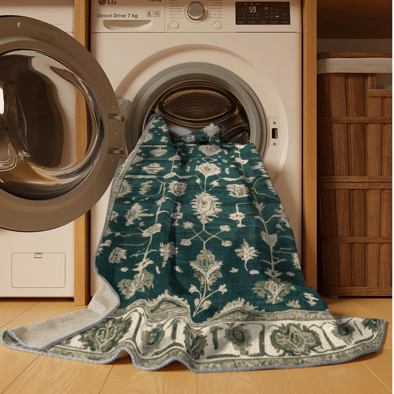 Machine Washable Overdyed Green Area Rug, Round 5'