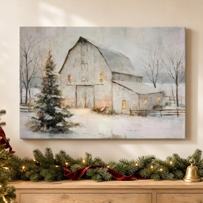 Grange blanche sous la neige - Tableau paysage hivernal champêtre, impression sur toile tendue de 40,6 cm x 61 cm, prête à être accrochée pour le salon, la chambre ou le bureau.