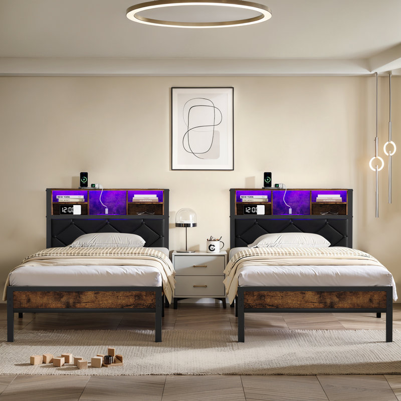 Twin Size Bed Set of 2 with LED Lights Storage Upholstered Headboard and USB Charging Station