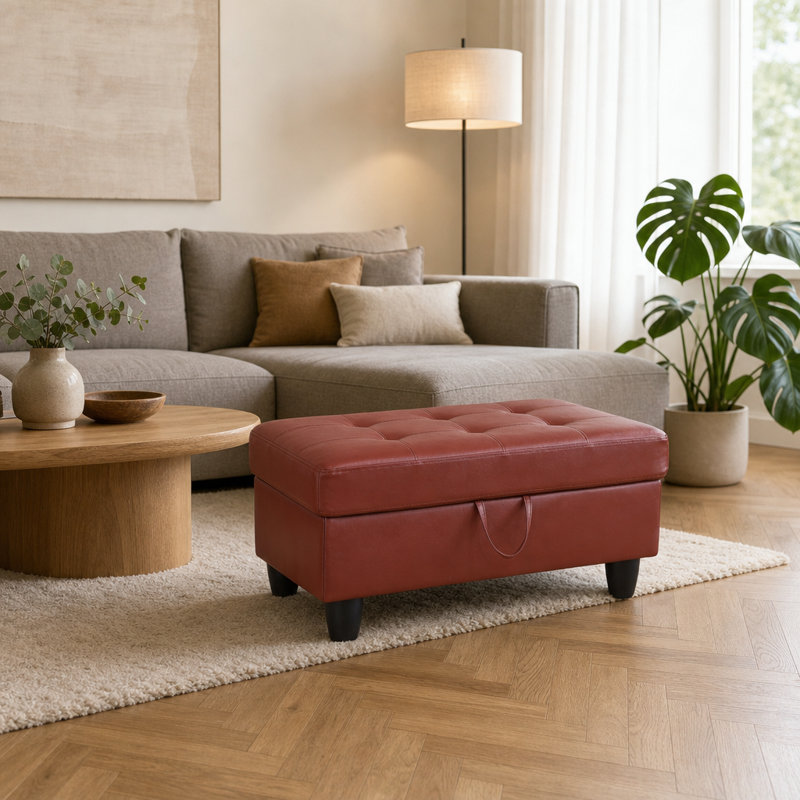 Repose-pieds de rangement en similicuir rouge, Rouge