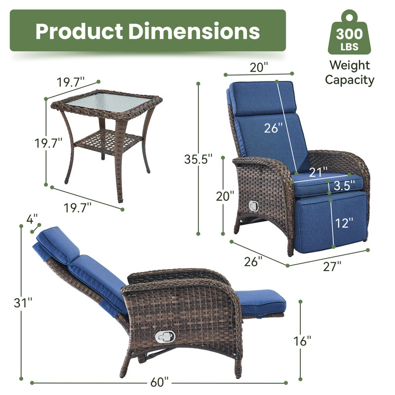 Gaetanino 60" Outdoor Wicker Poolside Reclining Single Chaise Lounge With Cushion and Side Table, Blue
