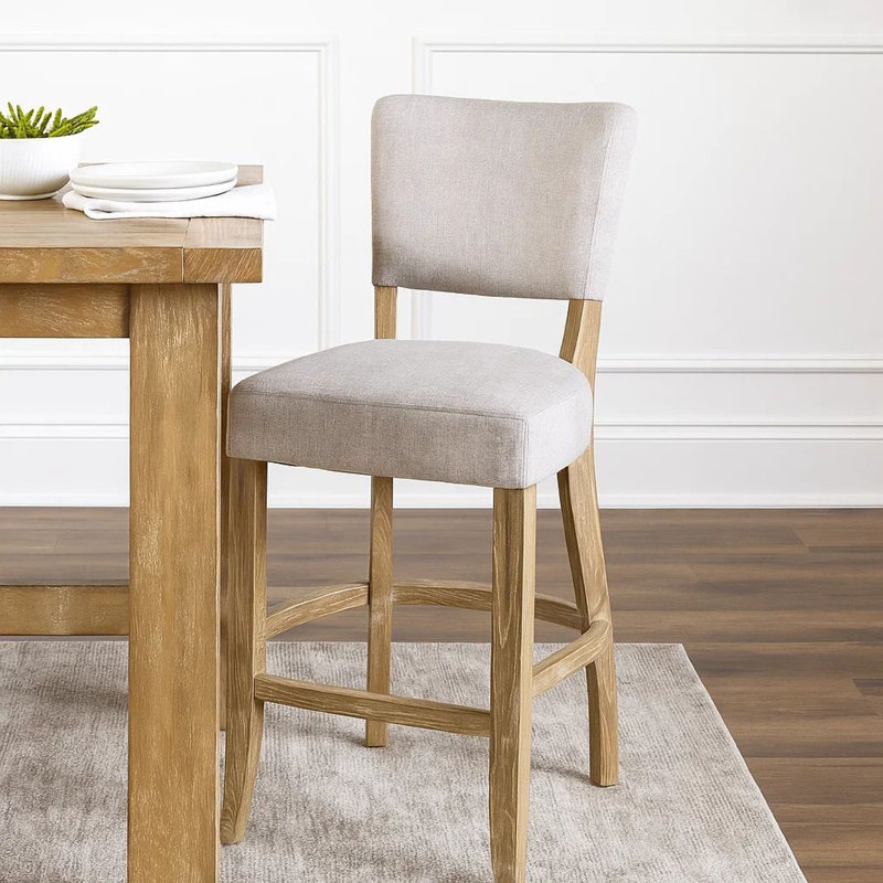 Chaise de bar Ryna, tissu gris clair moelleux, bois massif, Brun chêne délavé
