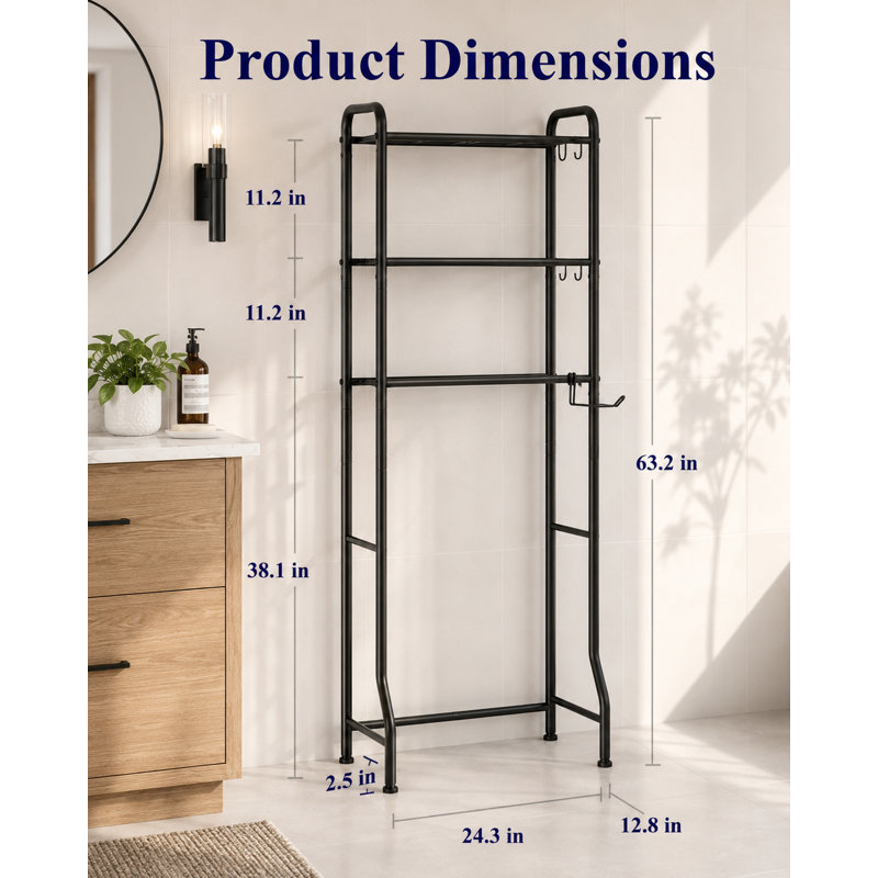 Over Toilet Storage Rack - Metal Over Toilet Bathroom Organizer Shelf, Over The Toilet Storage Cabinet with Paper Holder and Hooks, Bathroom Cabinet for Laundry, Black, 3 Tiers (63.2" H)