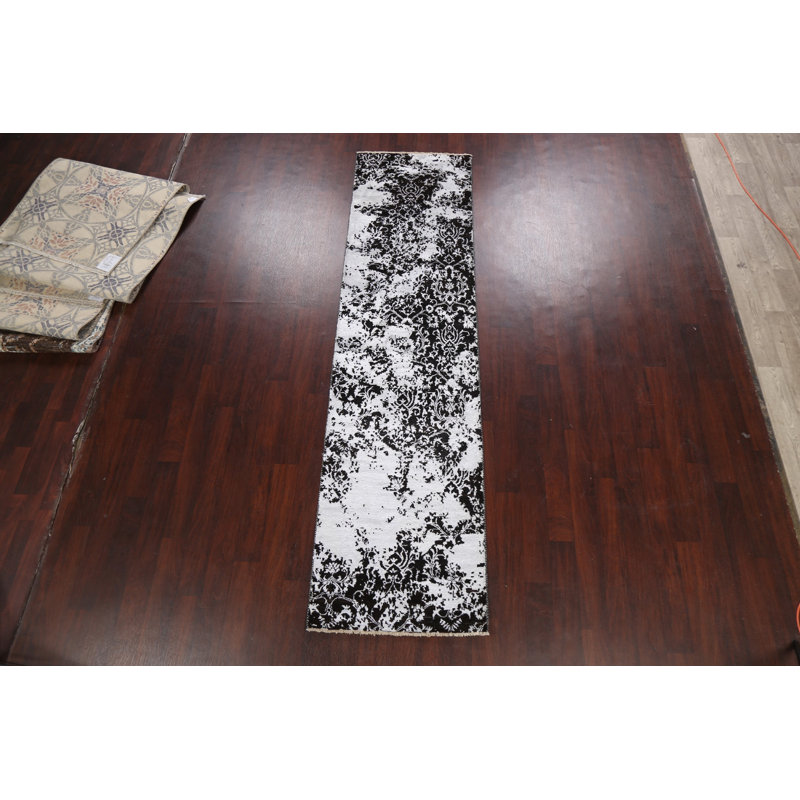 Tapis de couloir gris noué à la main de conception unique 2 pi 8 po x 10 pi 5 po New Age