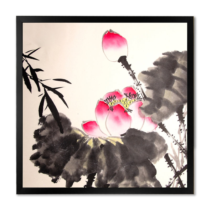 Encre de lotus, peinture à la main - reproduction d'art sur toile traditionnelle, H 16 po x l 16 po x P 1 po