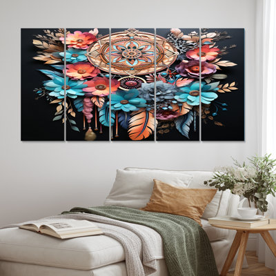 TEAL - Boho rose, attrape-rêves, reproduction d'art sur toile - 5 panneaux égaux