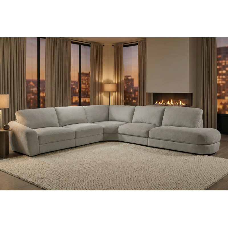 Canapé modulaire de coin 5 pièces avec accoudoir gauche et siège profond courbé à droite, Polyester gris clair
